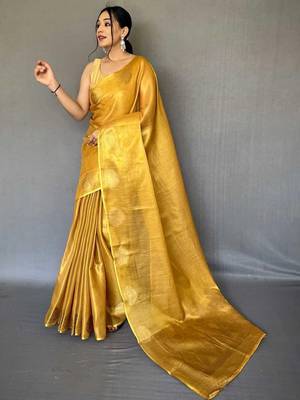 Yellow yellow woven design tissue sarees 3