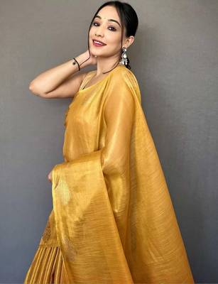 Yellow yellow woven design tissue sarees 4