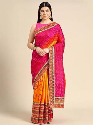 Yellow yellow art silk bandhani sarees 1