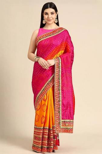 Yellow yellow art silk bandhani sarees