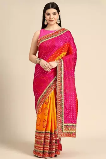 Yellow yellow art silk bandhani sarees