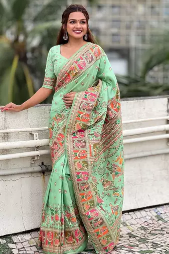 Sea green ethnic motifs pashmina saree