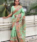Sea green ethnic motifs pashmina saree