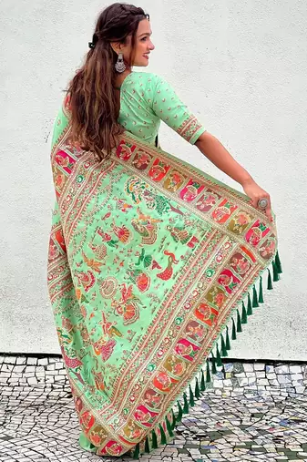 Sea green ethnic motifs pashmina saree