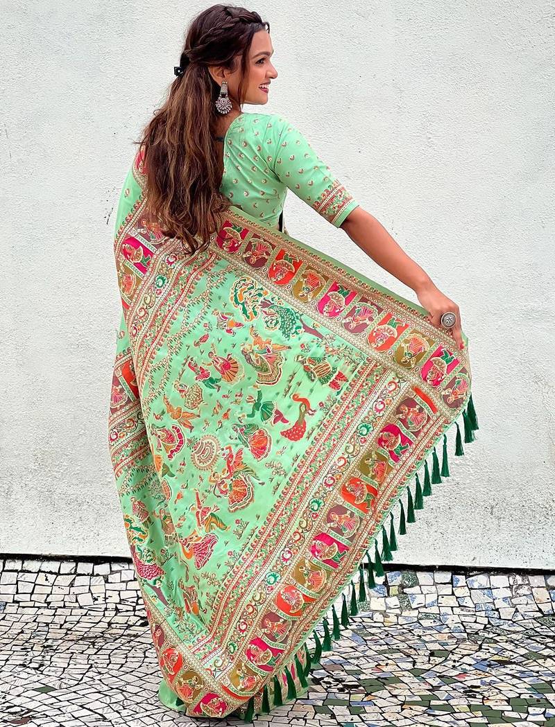 Sea green ethnic motifs pashmina saree