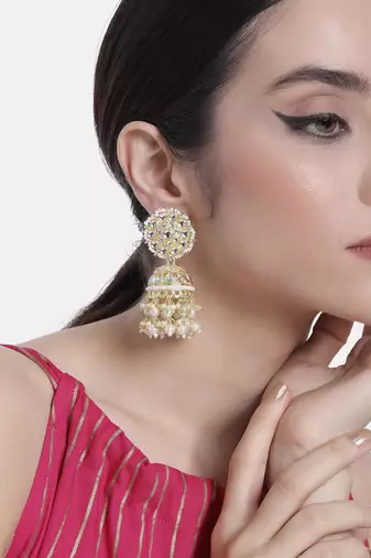 Traditional white kundan & pearl studded jhumki earrings jewelry