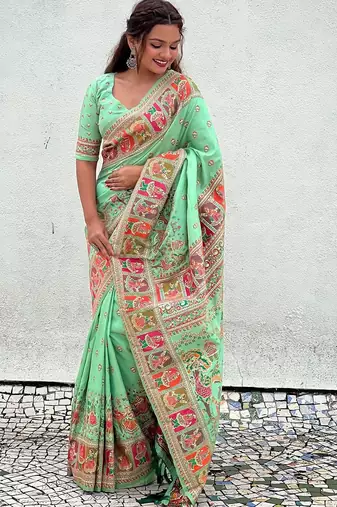 Sea green ethnic motifs pashmina saree