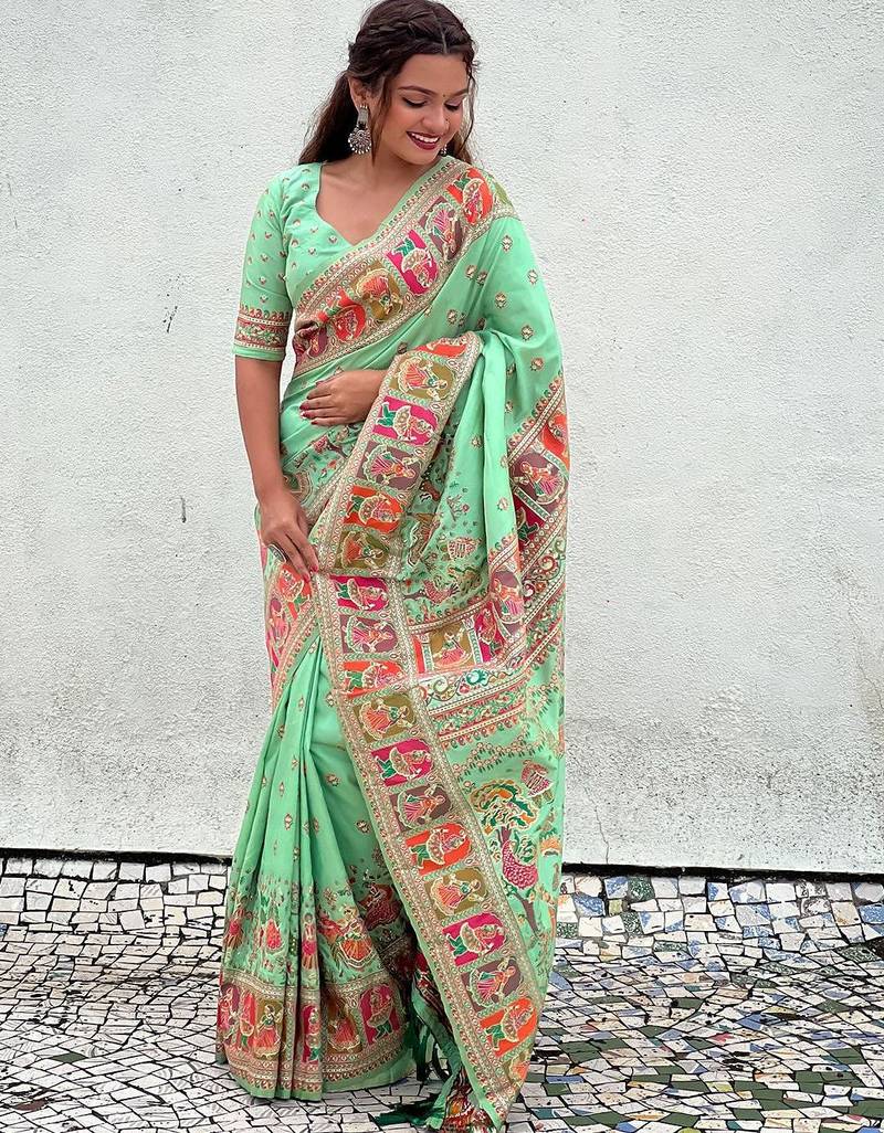 Sea green ethnic motifs pashmina saree