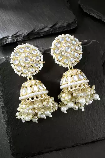 Traditional white kundan & pearl studded jhumki earrings jewelry