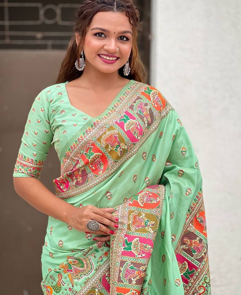 Sea green ethnic motifs pashmina saree
