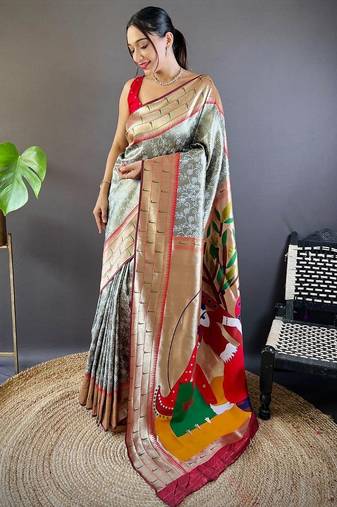 Grey ethnic motifs zari silk blend paithani saree