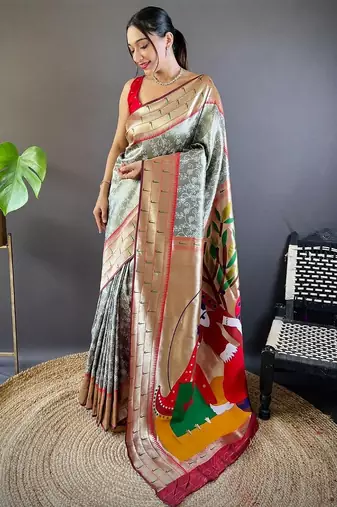Grey ethnic motifs zari silk blend paithani saree