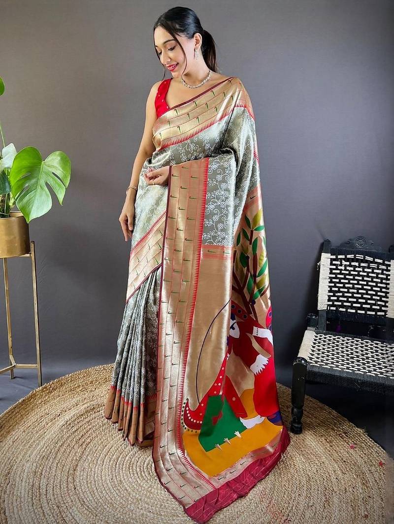 Grey ethnic motifs zari silk blend paithani saree