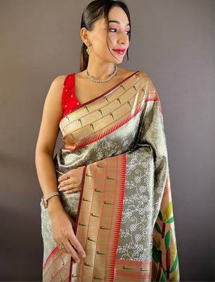 Grey ethnic motifs zari silk blend paithani saree 2