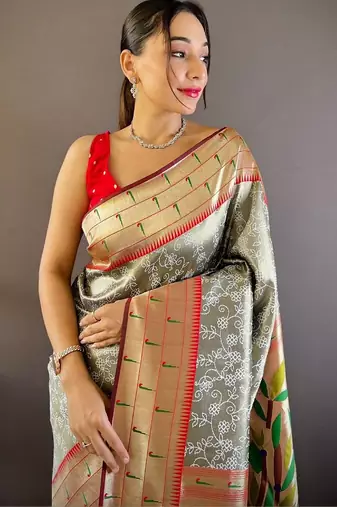 Grey ethnic motifs zari silk blend paithani saree
