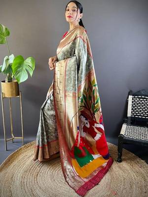 Grey ethnic motifs zari silk blend paithani saree 3