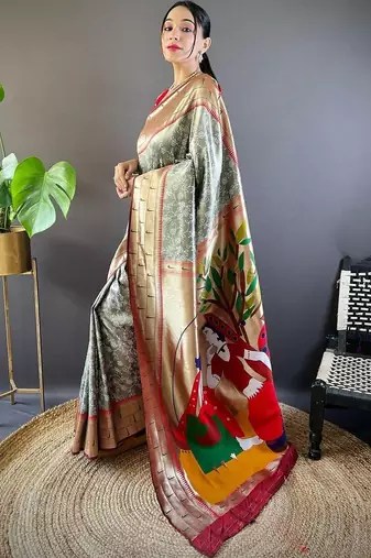 Grey ethnic motifs zari silk blend paithani saree