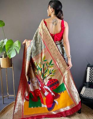 Grey ethnic motifs zari silk blend paithani saree 4