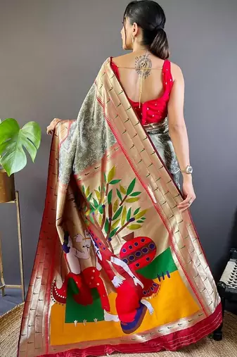 Grey ethnic motifs zari silk blend paithani saree