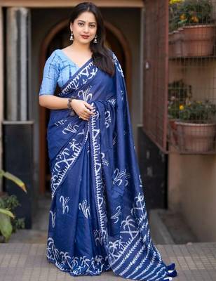 Blue batik printed chanderi saree with blouse piece 1