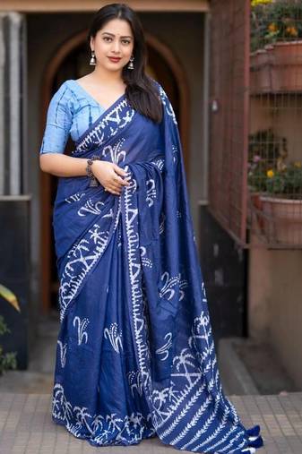 Blue batik printed chanderi saree with blouse piece