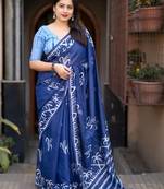 Blue batik printed chanderi saree with blouse piece