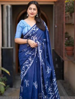 Blue batik printed chanderi saree with blouse piece 2