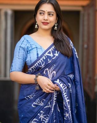 Blue batik printed chanderi saree with blouse piece 3