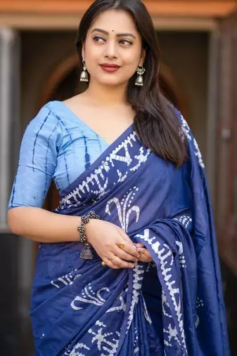 Blue batik printed chanderi saree with blouse piece