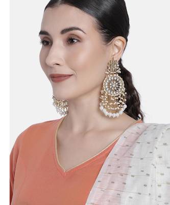 Elegant wear faux kundan studded drop dangle earrings with beaded 1