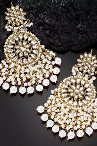 Elegant wear faux kundan studded drop dangle earrings with beaded