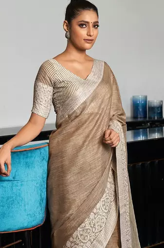 Beige woven design zari saree