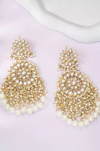 Elegant wear faux kundan studded drop dangle earrings with beaded