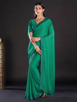 Sea green embellished beads and stones satin saree 1
