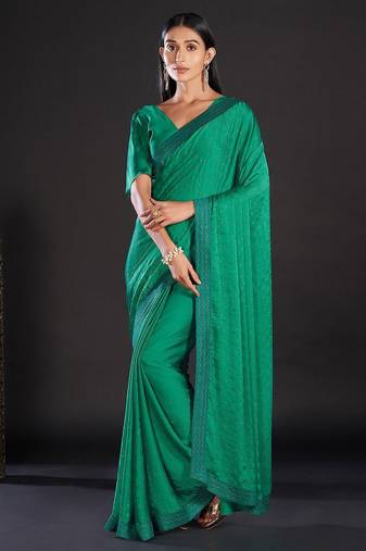 Sea green embellished beads and stones satin saree