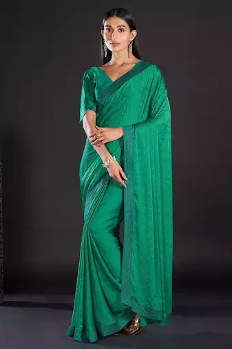 Sea green embellished beads and stones satin saree