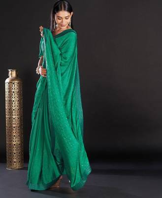 Sea green embellished beads and stones satin saree 2