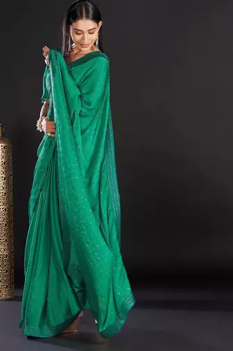 Sea green embellished beads and stones satin saree