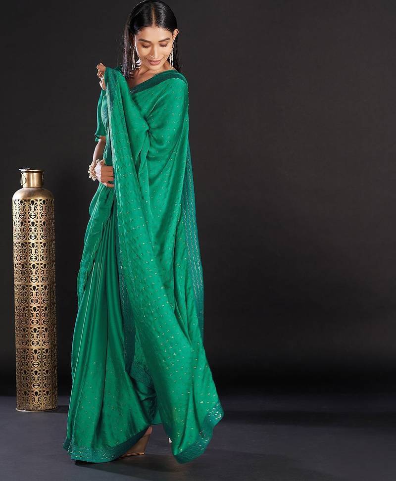 Sea green embellished beads and stones satin saree