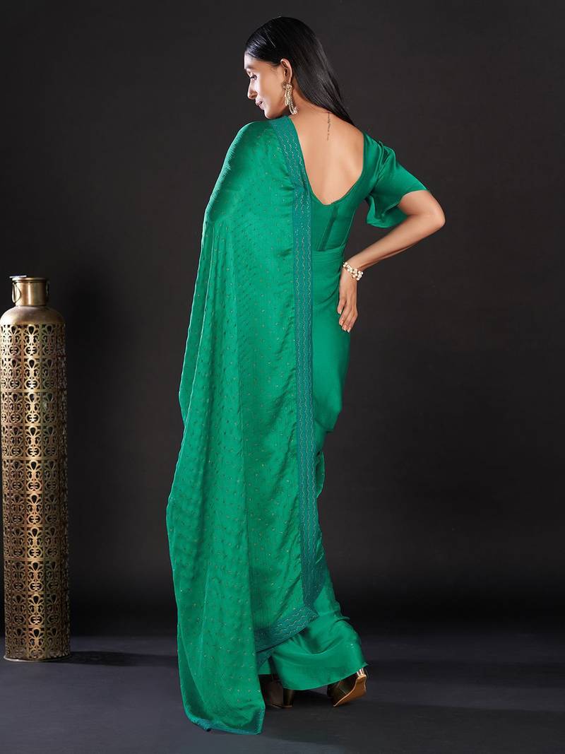 Sea green embellished beads and stones satin saree