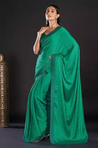 Sea green embellished beads and stones satin saree
