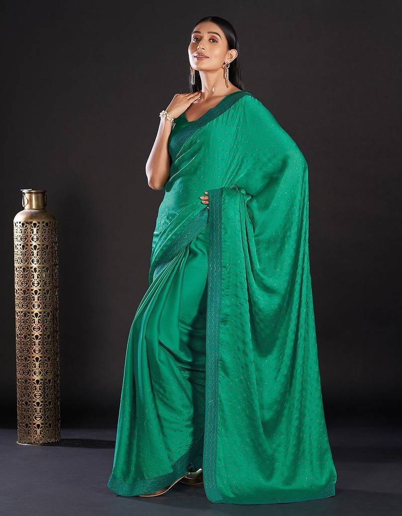 Sea green embellished beads and stones satin saree