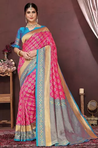 Pink ethnic motifs woven design zari banarasi saree