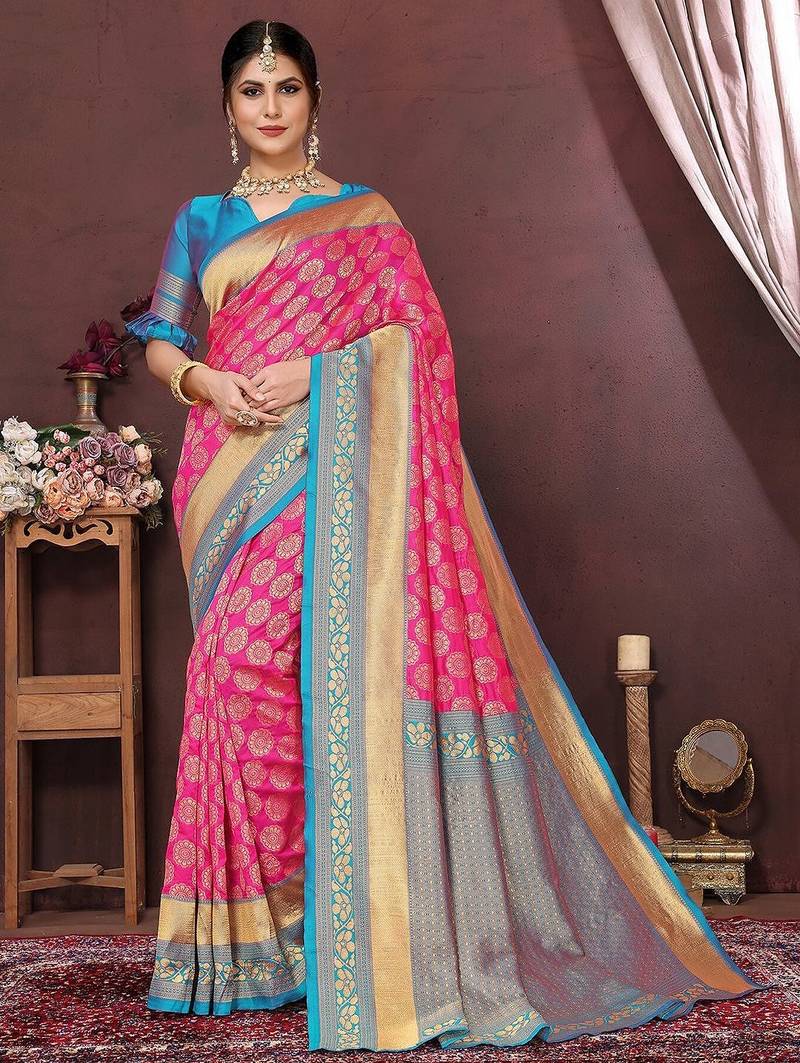 Pink ethnic motifs woven design zari banarasi saree