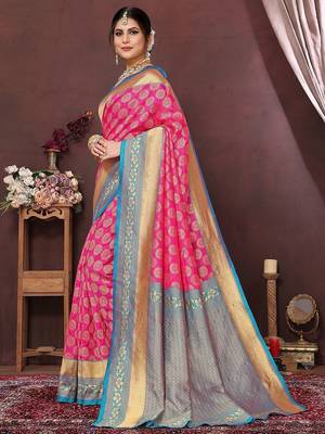 Pink ethnic motifs woven design zari banarasi saree 2