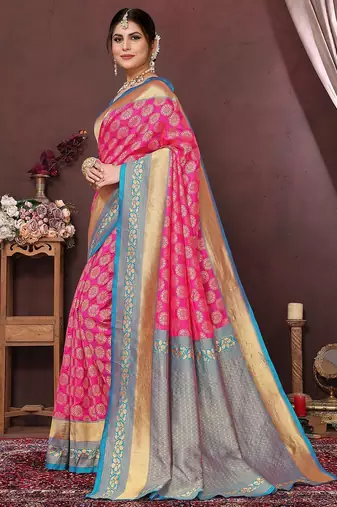 Pink ethnic motifs woven design zari banarasi saree