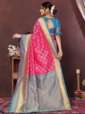 Pink ethnic motifs woven design zari banarasi saree 3
