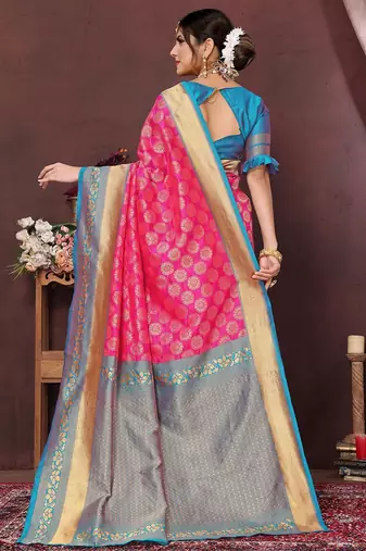 Pink ethnic motifs woven design zari banarasi saree