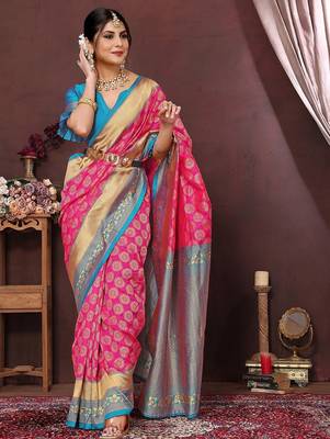 Pink ethnic motifs woven design zari banarasi saree 4