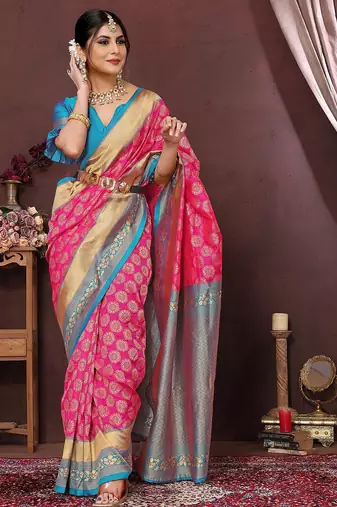 Pink ethnic motifs woven design zari banarasi saree